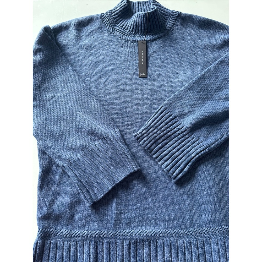 Tahari Womens Blue Mock Neck Ribbed Knit Sweater Medium NWT